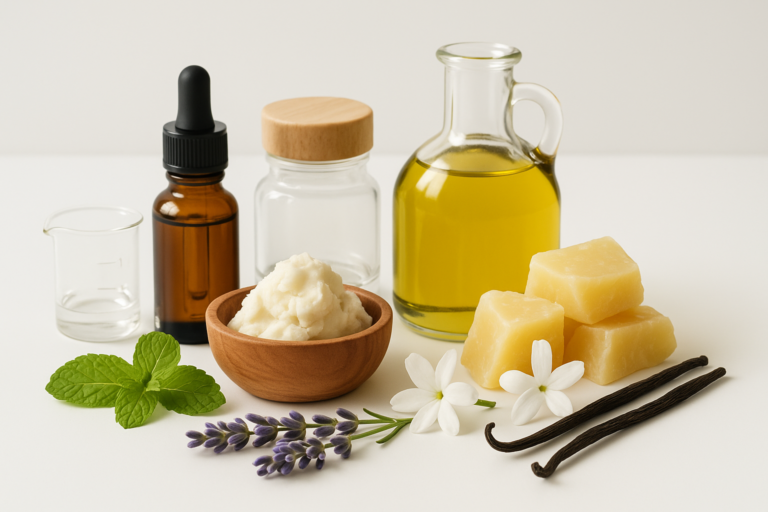 minimalistic pile of natural ingredients like shea butter, olive oil, beeswax, lavender, jasmine, mint, vanilla, also add hollistic glassware